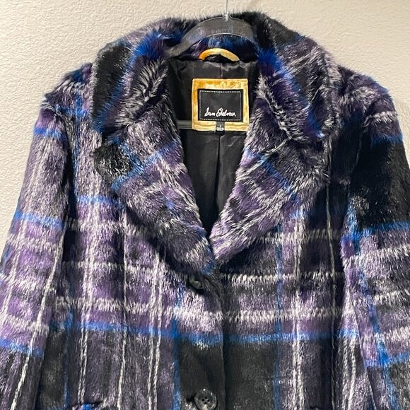 SAM EDELMAN NEW Faux Fur Plaid Long Sleeve Coat Black/Royal/Purple Size L - Picture 5 of 10